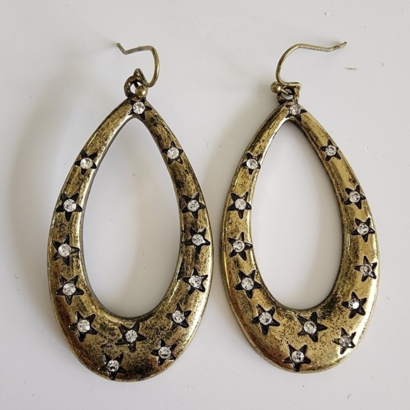 NWT Gold Embossed Star Rhinestone Teardrop Metal Earrings - Picture 5 of 8